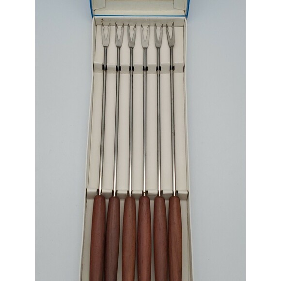 MCM Stainless Steel Japan Fondue Forks Color Coded Teak Wood Handles NIB 6 Piece - Picture 11 of 12